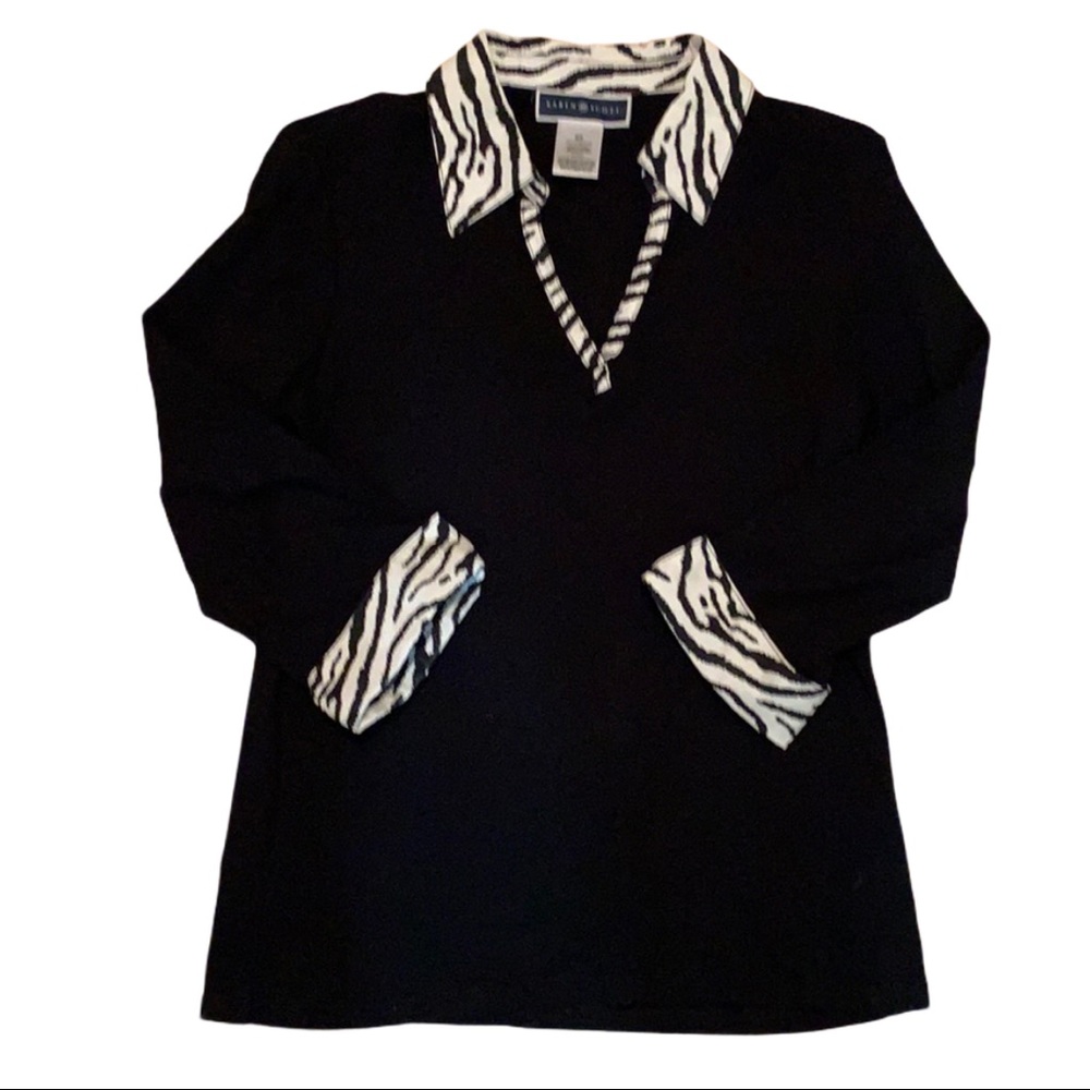 Karen Scott Petite Zebra Print Black Dressy Collared Pullover Shirt Blouse